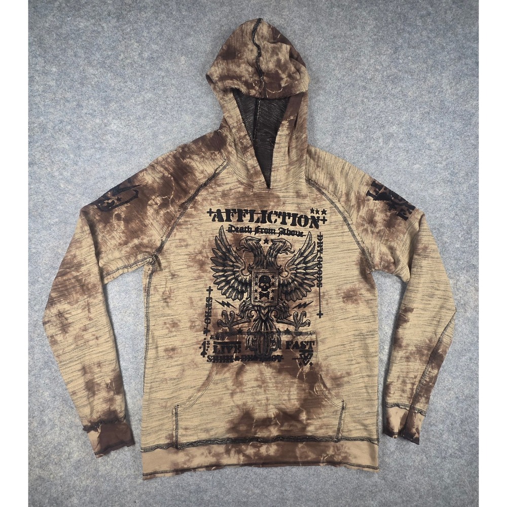 Affliction Death From Above Hoodie Brown Tie Dye Graphic MMA Y2K Mens Medium
